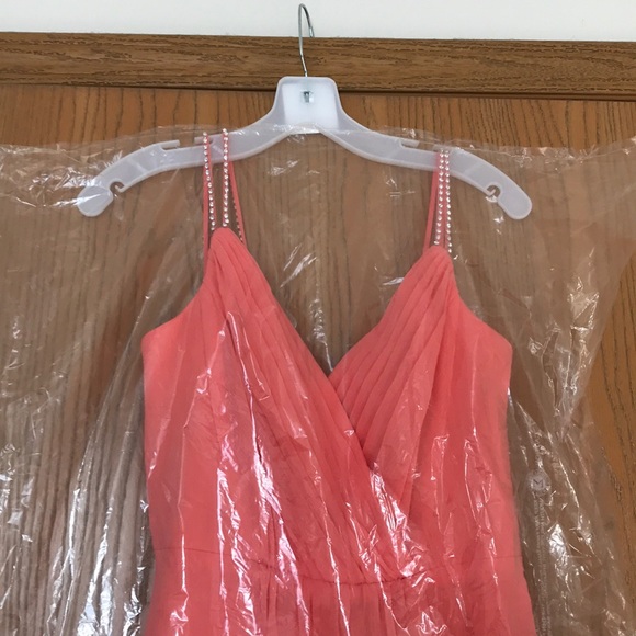 Floor length coral dress with diamond straps. - Picture 2 of 3
